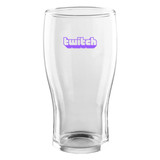 A clear glass beer glass with a curved shape and a purple logo printed on the front.
