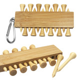 A bamboo golf tee set featuring multiple wooden tees and a carabiner for easy attachment.