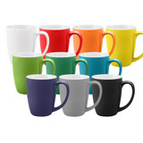 A collection of ten coffee mugs in various colours: white, red, orange, yellow, green, blue, teal, purple, grey, and black. Each mug has a handle.