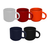 A set of four ceramic mugs in white, red, orange, navy, and black, featuring a simple design and handles.