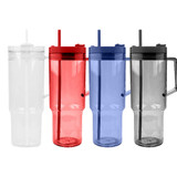 A drink bottle set featuring four clear travel mugs in white, red, blue, and black, each with a straw and handle.