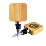 A bamboo wine stopper opener with a square top and metallic accents, featuring a bottle opener and a rubber stopper.
