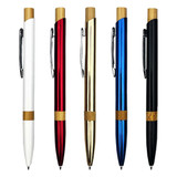 A collection of five metal pens in white, red, gold, blue, and black, featuring bamboo accents and a logo.