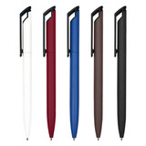A collection of Canberra Metal Pens in white, red, blue, brown, and black, featuring a logo on each.
