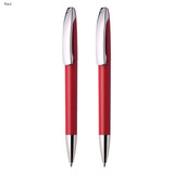 A set of two red plastic pens with chrome accents and a sleek design, featuring a logo.