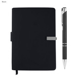 A black notebook with a pen, featuring a metallic clip and a sleek design, suitable for business use.