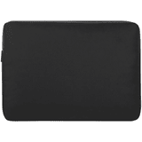 A black recycled laptop sleeve with a zipper closure and a logo on the side. Suitable for a 15.6" laptop.