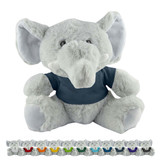 A light grey plush elephant wearing a blue shirt, with a row of colourful plush elephants in various colours below.