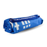 A rolled blue towel with a zippered compartment and a logo, made of 200G suede fabric.
