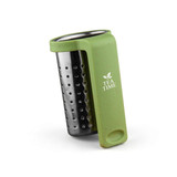 A green travel tea infuser made of stainless steel with a silicone handle and a logo on the side.