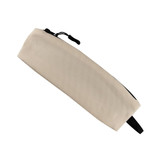 A small cream cosmetic bag with a zip closure and a black pull tab, featuring a subtle brand logo.