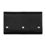 A black leather travel card set with three metal studs, featuring a sleek, folded design.