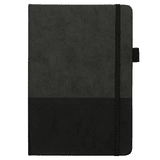 A5 thermo notebook in black with a textured cover and black elastic band closure, featuring a logo.