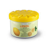 A cylindrical container of air freshener in yellow, with a lemon scent, featuring a logo and ingredients list.