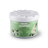 A round, white container of jasmine air freshener with a floral design and a branding logo.