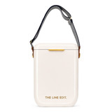 A white insulated gift set with a gold accent and a striped shoulder strap. It features a logo on the front.