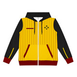 A zipped hoodie featuring a yellow and black colour scheme with striped detailing and a logo.