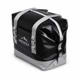 A black and grey 17L foldable cooler with adjustable straps and a logo on the side.