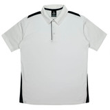A white polo shirt featuring black side panels and a collar, with a logo on the chest.