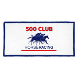 A white sports towel with blue trim featuring a horse racing design and branding elements in red and blue.
