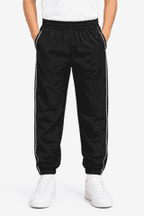 Black kids' pants with an elastic waistband, featuring side pockets and white stripe detailing on the sides.
