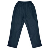 Navy track pants with an elastic waistband, featuring a smooth finish and a logo. Suitable for kids.