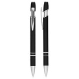 A black ballpoint pen with silver accents and a clip, featuring a sleek click-action mechanism.