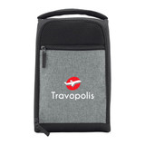 A grey travel shoe bag features a mesh top and a logo. It includes a zippered compartment and a handle.