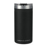 A drink bottle in matte black with a stainless steel lid, featuring a logo on the front.