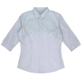 A button-up shirt with 3/4 sleeves, featuring a light blue and white striped pattern and a logo.