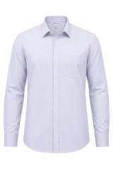 A long sleeve button-up shirt in light purple and white stripes with a chest pocket and a logo.