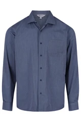 A long-sleeve, button-up men's shirt in navy blue with a subtle stripe pattern and a pocket on the chest.