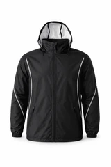 A black rain jacket with reflective accents and a hood, featuring a branding logo.