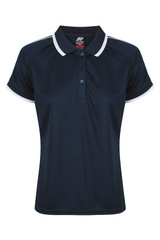 A navy blue polo shirt with a collar, featuring white trim and a logo on the chest area.