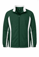 A green track jacket with white accents and a zip front. It features a logo on the upper left.