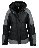 A black and grey jacket with a hood and a zip front, featuring a logo on the chest.