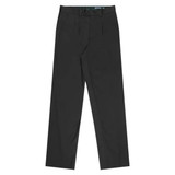 Pleated men's slacks in black, featuring a flat front and a waistband with a logo.
