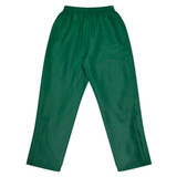 Green track pants featuring an elastic waistband and side pockets, with a logo on the design.
