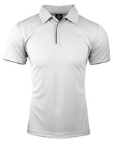 A white polo shirt with a collar and short sleeves, featuring a contrasting black trim and a logo on the collar.