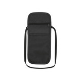 A black recycled travel pouch with a zippered pocket and a shoulder strap, featuring a textured fabric.