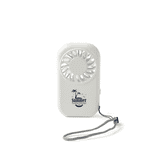 A white mini pocket fan with a palm tree logo and a wrist strap.
