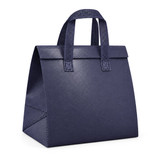 A navy blue cooler bag with sturdy handles and a structured design, featuring a logo.