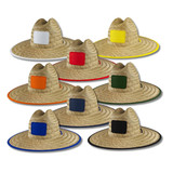 A collection of straw beach hats in various colours, each with a square area for branding.