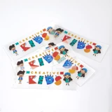 Sticker sheets featuring colourful designs and characters, showcasing vibrant lettering and playful shapes.