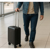 A black wheeled cabin trolley being pulled by a person in denim clothing, on a tiled floor in an airport setting.