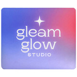 A mouse pad featuring a gradient design in purple and pink with a logo in the centre.