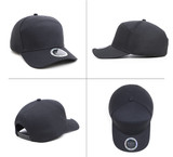 A black polycotton cap featuring a structured three-panel design and a branding logo on the front.