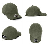 An olive green unstructured cap featuring a round logo, displayed from multiple angles.