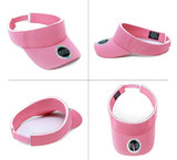 A pink visor featuring a removable sweatband and a logo, shown from multiple angles.