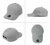 A grey cap with a smooth texture, featuring a logo on the front and a snapback closure at the back.